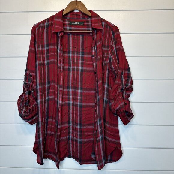 Women's Ralph Lauren Medium Tunic Button Up Top Red Plaid Viscose Flannel Shirt - Picture 8 of 11